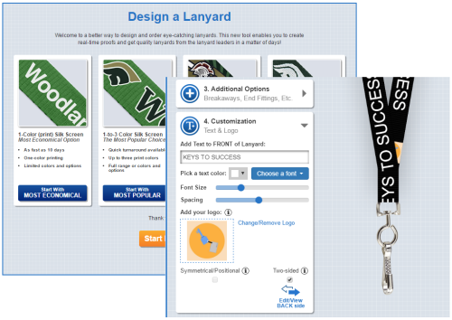 screenshots of the IDenticard custom lanyard design tool